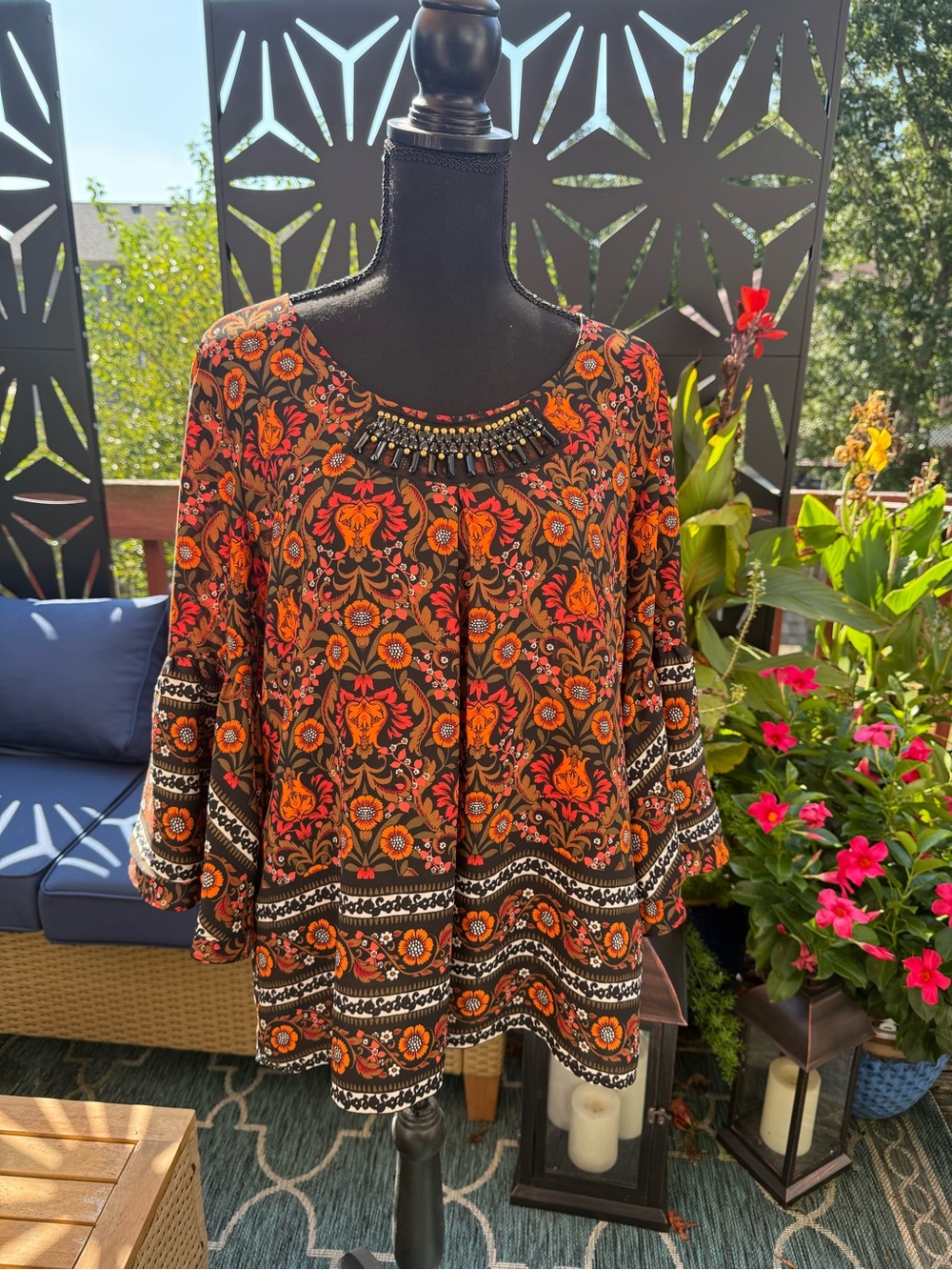 Relativity Orange, Black and Cream Floral Bell-Sleeve Top